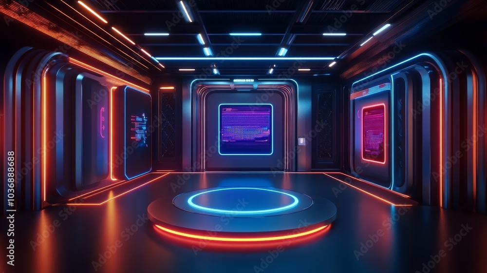 Sleek Futuristic Exhibition Space with Neon Lights Sleek Futuristic Exhibition Space with Neon Lights