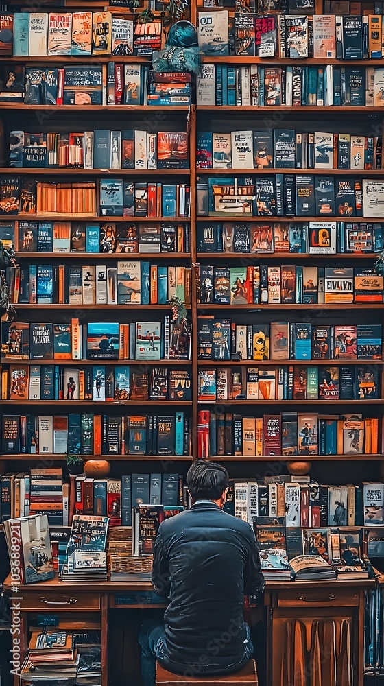 A Quaint Bookstore Merchant Stacking Books Vertically in an Appealing Pattern A Quaint Bookstore Merchant Stacking Books Vertically in an Appealing Pattern