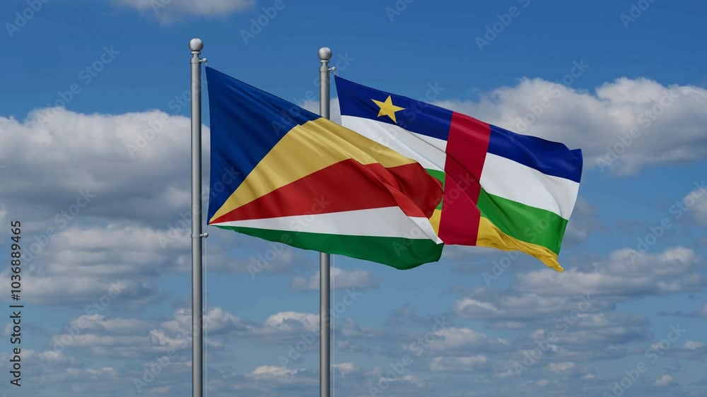 Central African Republic and Seychelles flags flying together, video concept of the relationship, two country relations concept Central African Republic and Seychelles flags flying together, video concept of the relationship, two country relations concept