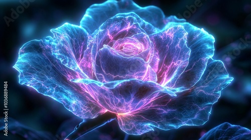 A glowing rose captured in Kirlian photography, with vibrant electric currents outlining each petal, blended seamlessly with intricate laser art patterns.  photo