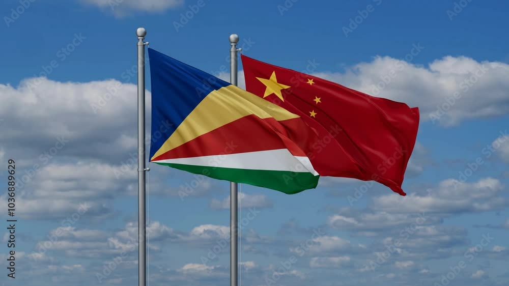 China and Seychelles flags flying together, video concept of the relationship, two country relations concept China and Seychelles flags flying together, video concept of the relationship, two country relations concept