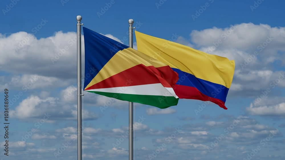 Colombia and Seychelles flags flying together, video concept of the relationship, two country cooperation concept Colombia and Seychelles flags flying together, video concept of the relationship, two country cooperation concept