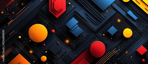 A vibrant abstract composition featuring geometric shapes in red, yellow, and blue against a deep black background, evoking a modern and dynamic artistic feel.