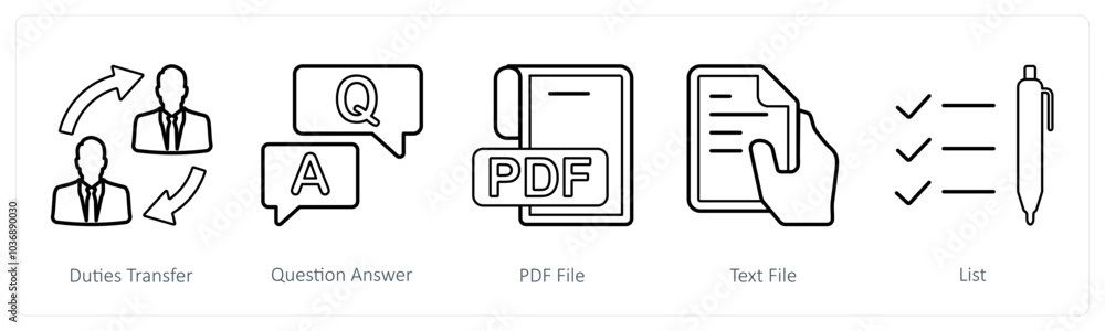 A set of 5 mix icons as duties transfer, question answer, pdf file A set of 5 mix icons as duties transfer, question answer, pdf file