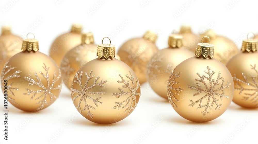 A group of golden Christmas baubles with delicate snowflake engravings, isolated on white, with a few baubles in focus and others gently blurred for depth. A group of golden Christmas baubles with delicate snowflake engravings, isolated on white, with a few baubles in focus and others gently blurred for depth.