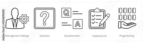 A set of 5 mix icons as management settings, question, questionnaire