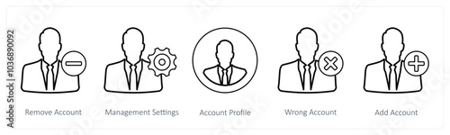 A set of 5 mix icons as remove account, management settings, account profile