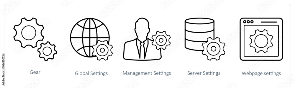A set of 5 mix icons as gear, global settings, management settings A set of 5 mix icons as gear, global settings, management settings
