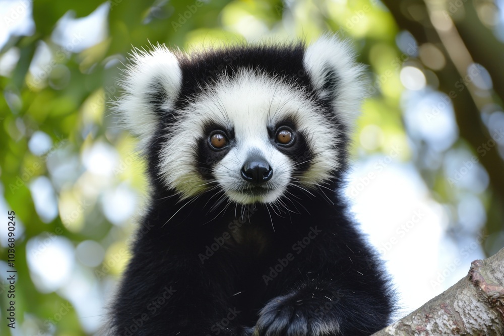 Obraz premium A young panda cub perched on a tree branch surrounded by lush greenery during daylight