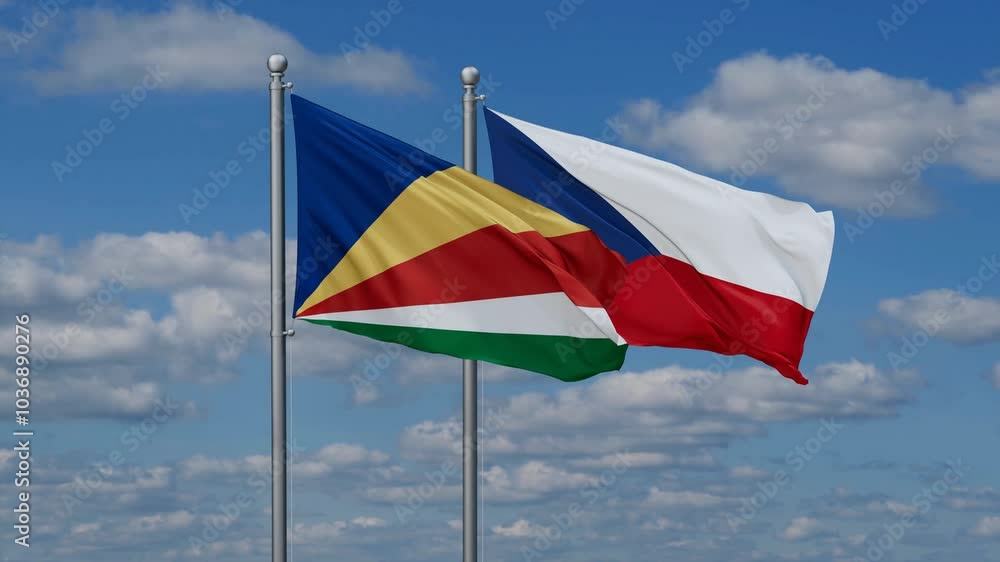 Czech Republic and Seychelles flags flying together, video concept of the relationship, two country relations concept Czech Republic and Seychelles flags flying together, video concept of the relationship, two country relations concept