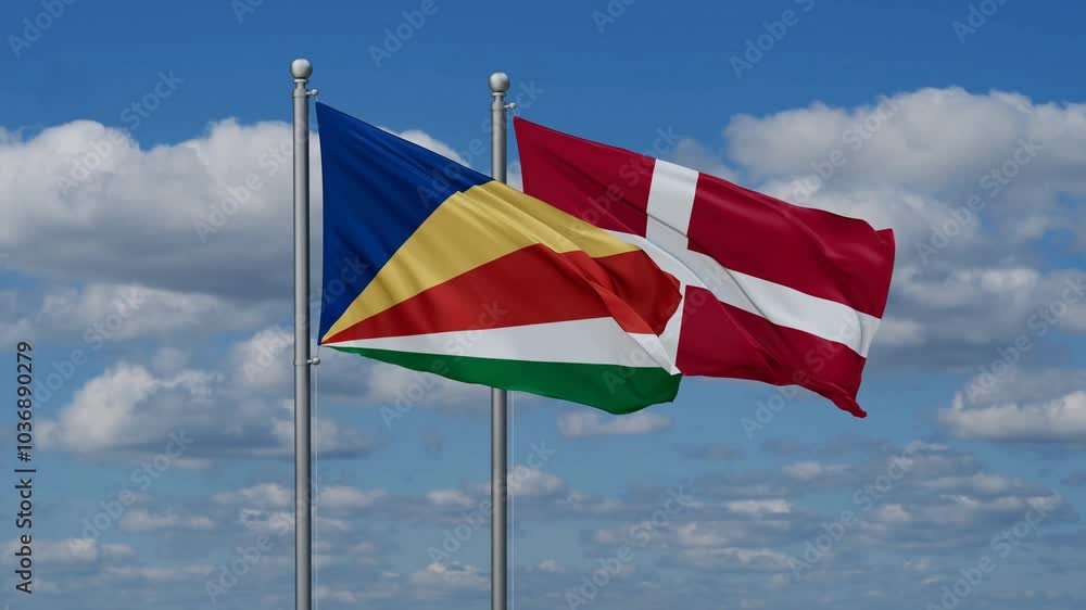 Denmark and Seychelles flags flying together, video concept of the relationship, two country relations concept Denmark and Seychelles flags flying together, video concept of the relationship, two country relations concept