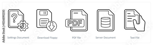 A set of 5 mix icons as settings document, download floppy