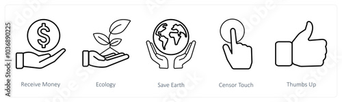 A set of 5 mix icons as receive money, ecology, save earth