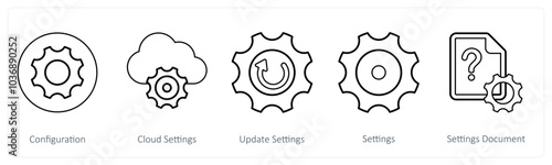 A set of 5 mix icons as configuration, cloud settings, update settings