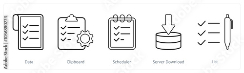 A set of 5 mix icons as data, clipboard, scheduler
