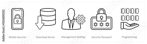 A set of 5 mix icons as mobile security, download server, management settings