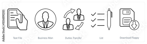 A set of 5 mix icons as text file, businessman, duties transfer