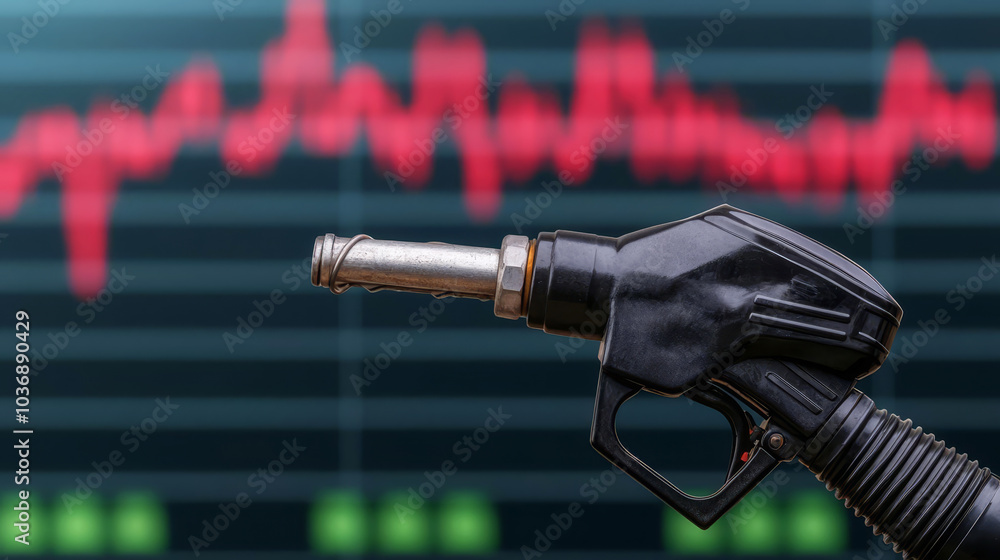 Fototapeta premium A fuel pump nozzle is shown in front of a fluctuating red graph, symbolizing the dynamics of fuel prices and market trends.