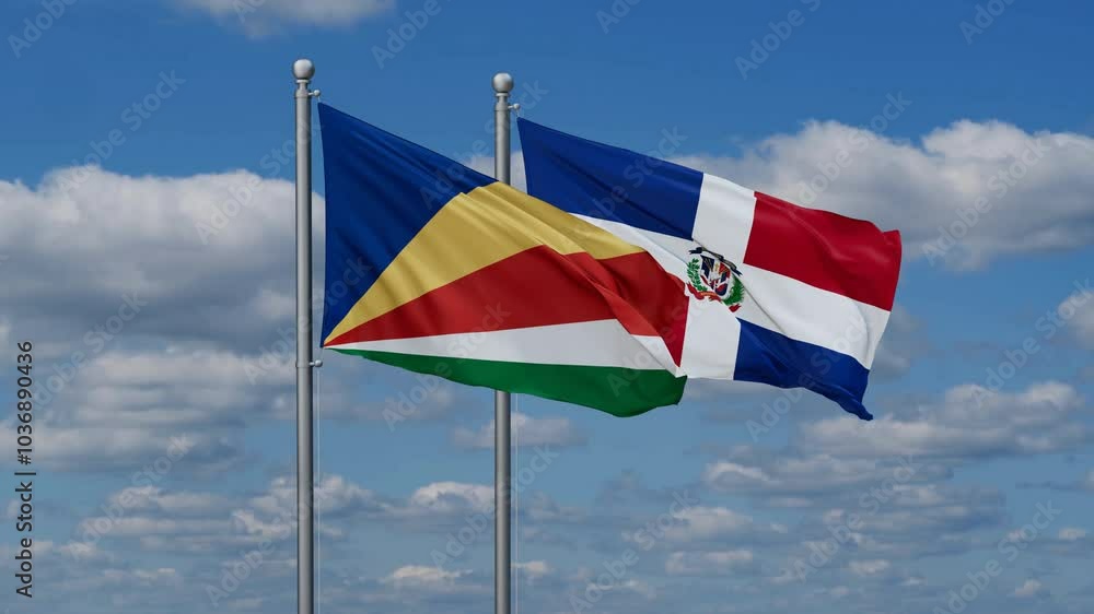 Dominican Republic and Seychelles flags flying together, video concept of the relationship, two country relations concept Dominican Republic and Seychelles flags flying together, video concept of the relationship, two country relations concept