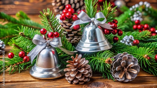 Vintage Christmas decorations feature silver-painted cones adorned with bells and ribbons, nestled among artificial spruce and berries, surrounded by ample copy space.