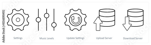 A set of 5 mix icons as settings, music levels, update settings