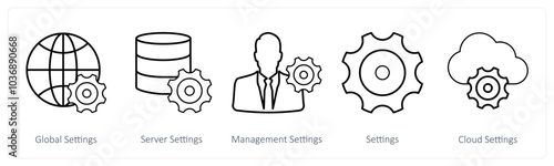 A set of 5 mix icons as global settings, server settings, management settings