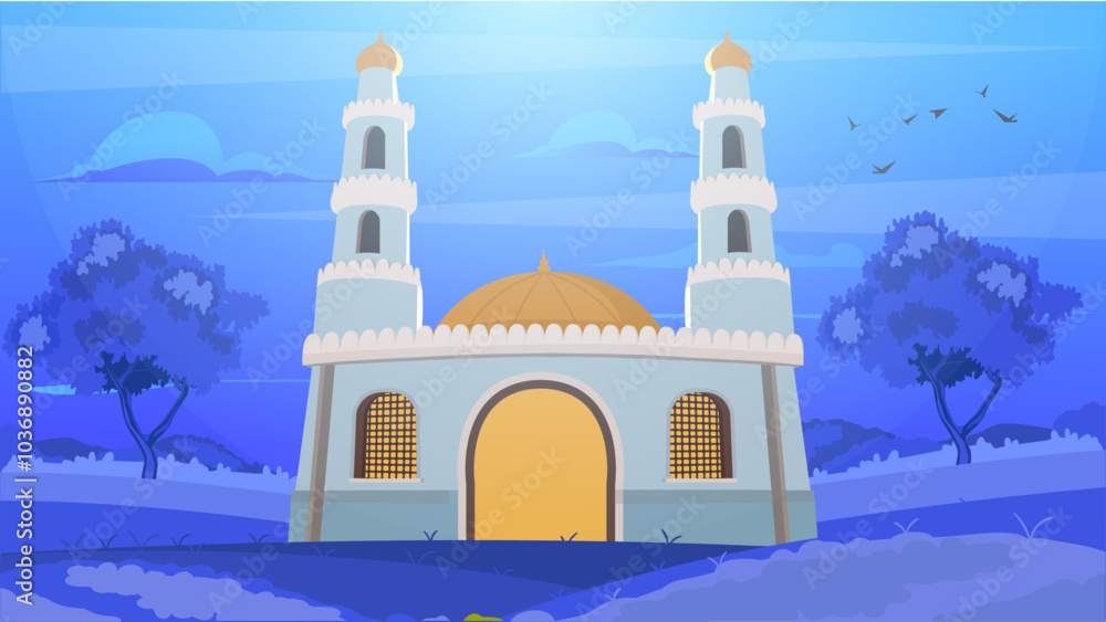 Mosque building with lawn the city cartoon vector Mosque building with lawn the city cartoon vector