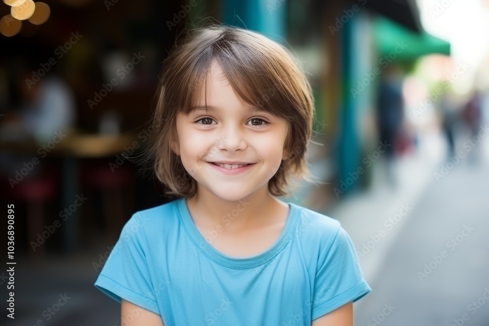 Portrait of a cute little girl smiling in a city street. Portrait of a cute little girl smiling in a city street.