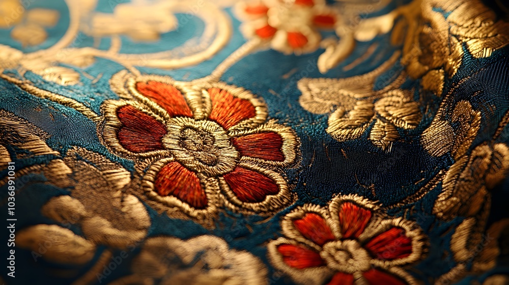 Fototapeta premium A blue and red floral fabric with gold embroidery. The flowers are red and the background is blue