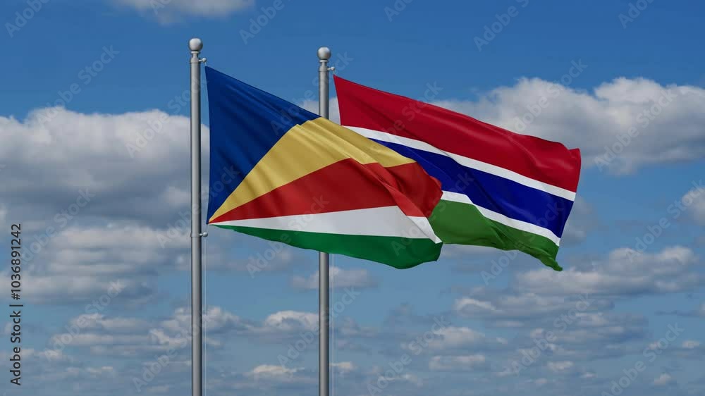 Gambia and Seychelles flags flying together, video concept of the relationship, two country relations concept Gambia and Seychelles flags flying together, video concept of the relationship, two country relations concept