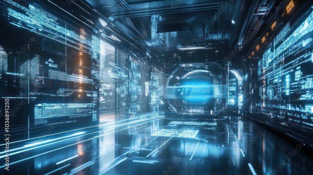 Fototapeta premium Futuristic Data Center with Glowing Screens and Digital Graphics in Sci-Fi Style