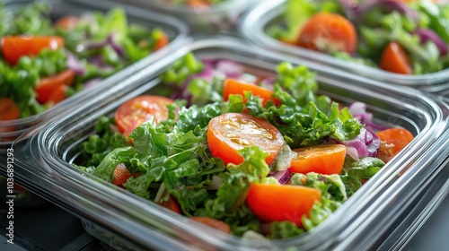 Top view of close-up of multiple healthy vegetable salad lunch boxes in plastic. A great choice for diet and take away food