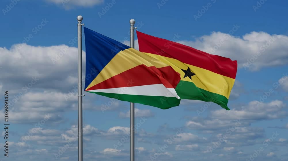 Ghana and Seychelles flags flying together, video concept of the relationship, two country relations concept Ghana and Seychelles flags flying together, video concept of the relationship, two country relations concept