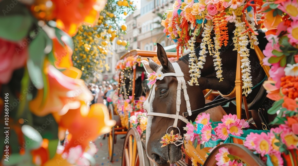 Naklejka premium A horse-drawn carriage adorned with flowers at a festive carnival parade, City setting with colorful floats and joyful crowds, Photo of