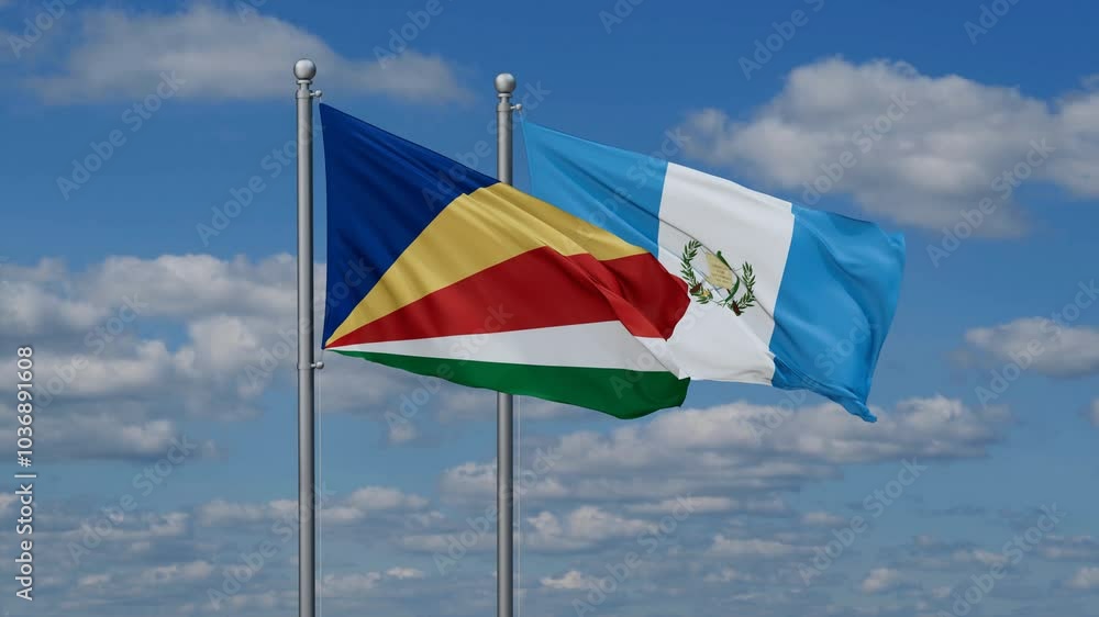 Guatemala and Seychelles flags flying together, video concept of the relationship, two country relations concept Guatemala and Seychelles flags flying together, video concept of the relationship, two country relations concept
