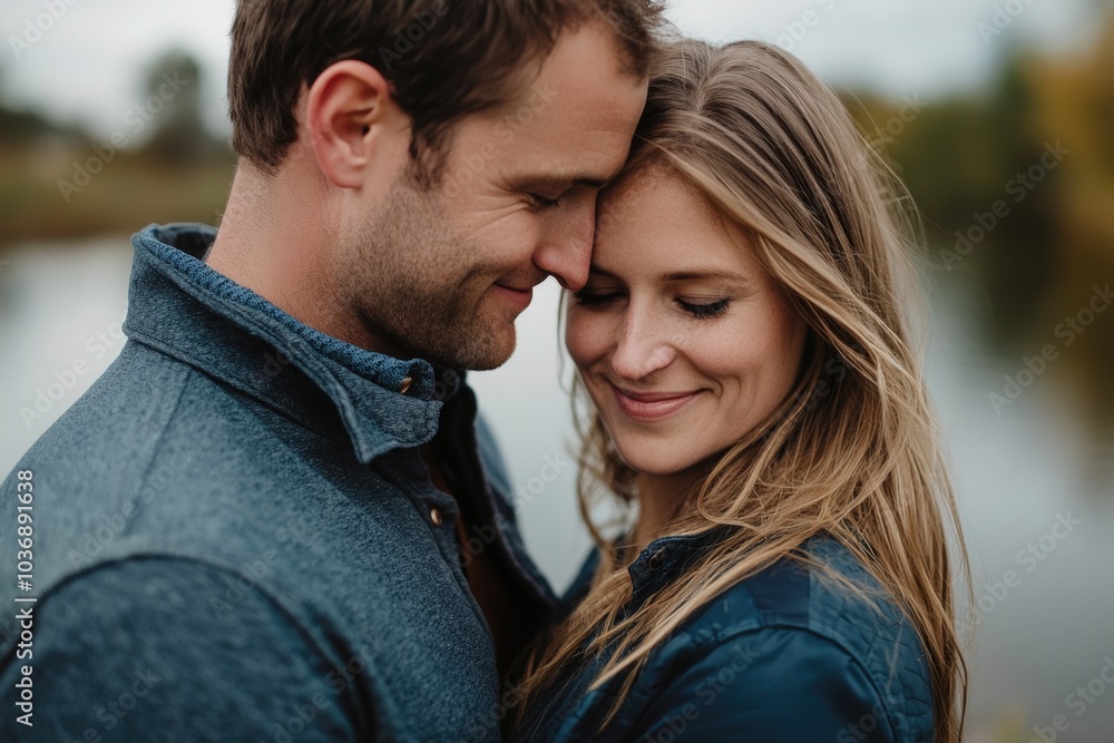 A joyful couple embraces serenely by the tranquil waters on a cloudy autumn afternoon A joyful couple embraces serenely by the tranquil waters on a cloudy autumn afternoon