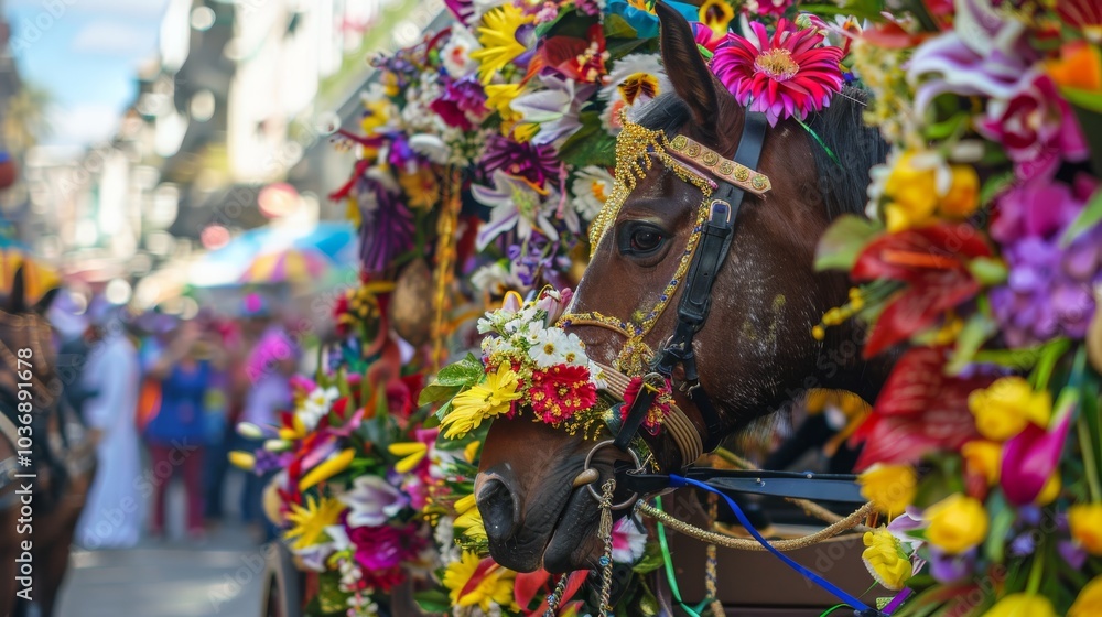A horse-drawn carriage adorned with flowers at a festive carnival parade, City setting with colorful floats and joyful crowds, Photo of A horse-drawn carriage adorned with flowers at a festive carnival parade, City setting with colorful floats and joyful crowds, Photo of