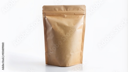 Brown kraft paper pouch with folded top and flat bottom stands upright on a soft, bright white background, ideal for packaging food or small products.