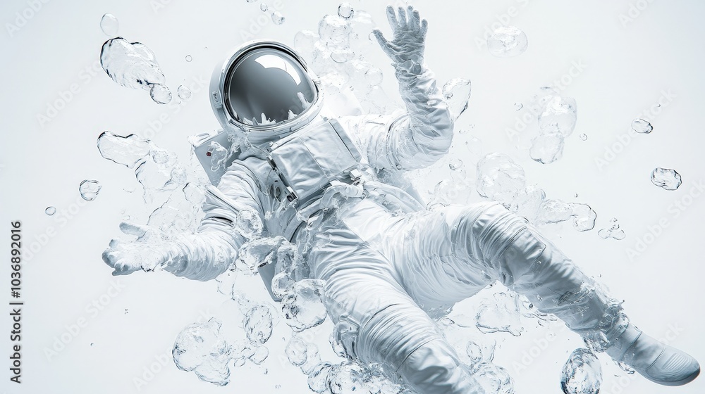 A hyper-realistic full-body shot of a white astronaut floating gracefully in space, surrounded by transparent bubbles. A hyper-realistic full-body shot of a white astronaut floating gracefully in space, surrounded by transparent bubbles.