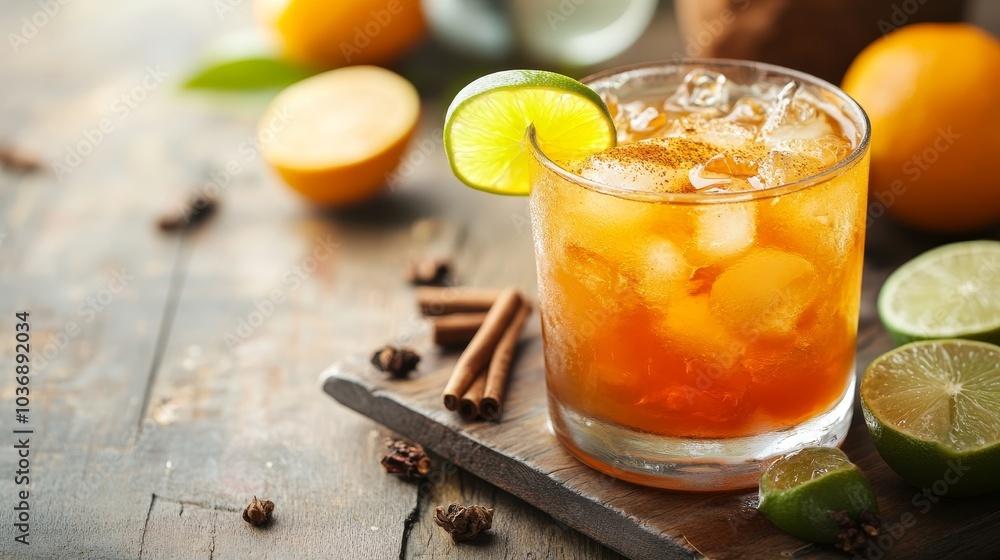 A vibrant Trinidadian Rum Punch garnished with lime and cinnamon, capturing the essence of tropical flavors and spices A vibrant Trinidadian Rum Punch garnished with lime and cinnamon, capturing the essence of tropical flavors and spices