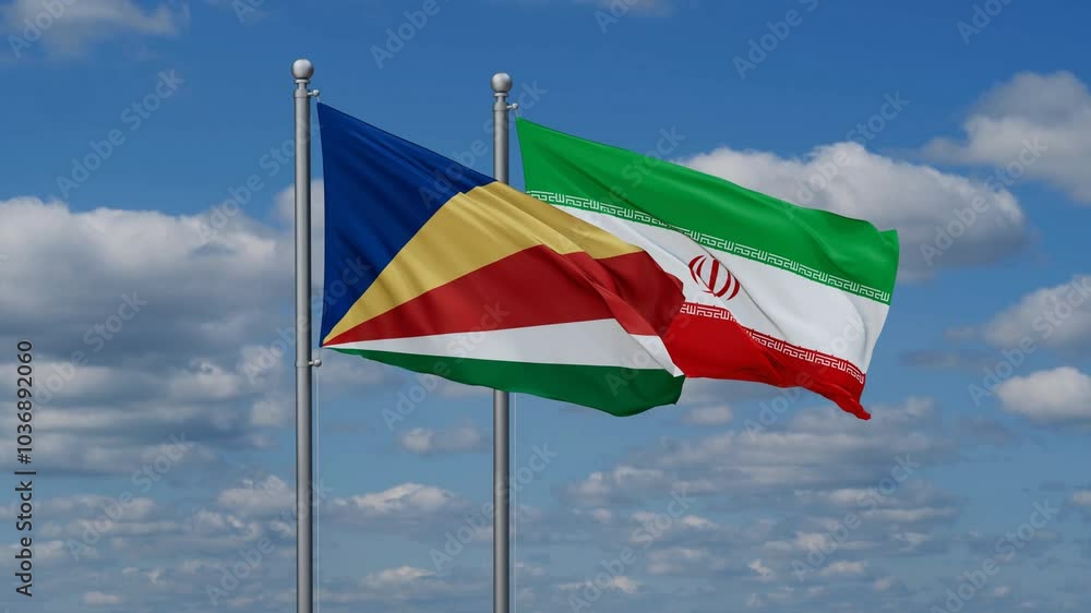 Iran and Seychelles two flags waving together on blue , video concept of the relationship Iran and Seychelles two flags waving together on blue , video concept of the relationship