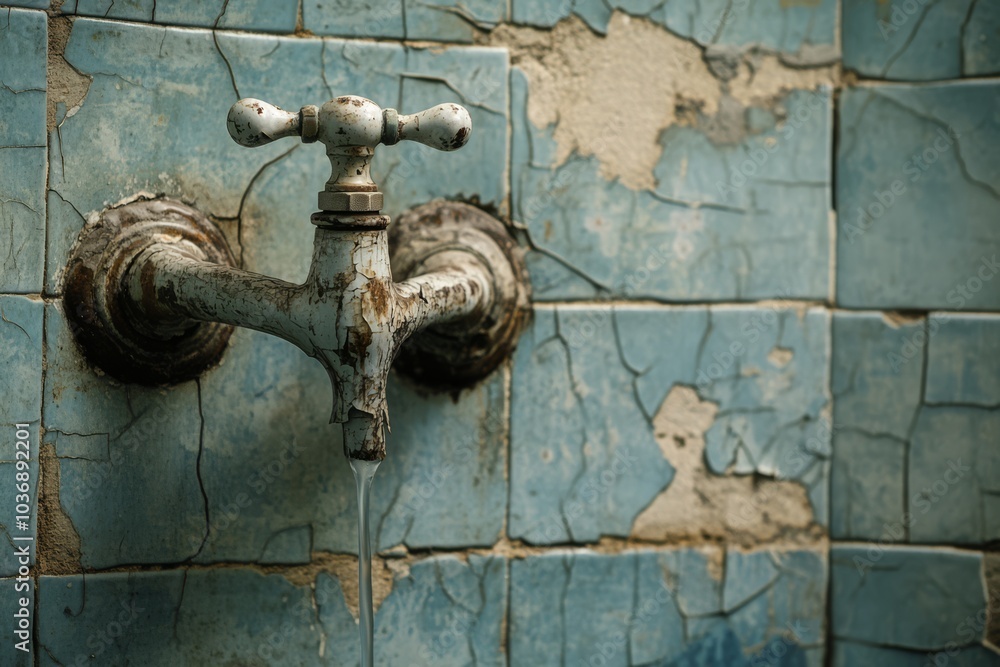Rusty Faucet and Cracked Tiles Rusty Faucet and Cracked Tiles