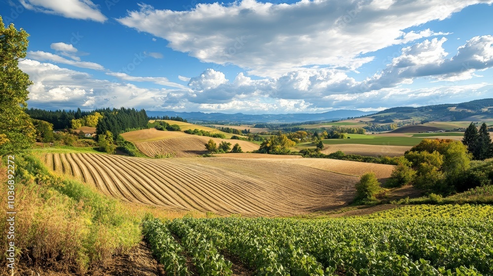 Fototapeta premium A landscape transformed through regenerative agriculture, featuring crop fields with improved carbon sequestration