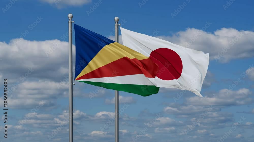 Japan and Seychelles flags flying together, video concept of the relationship, two country relations concept Japan and Seychelles flags flying together, video concept of the relationship, two country relations concept