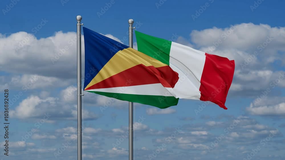 Italy and Seychelles flags flying together, video concept of the relationship, two country cooperation concept Italy and Seychelles flags flying together, video concept of the relationship, two country cooperation concept