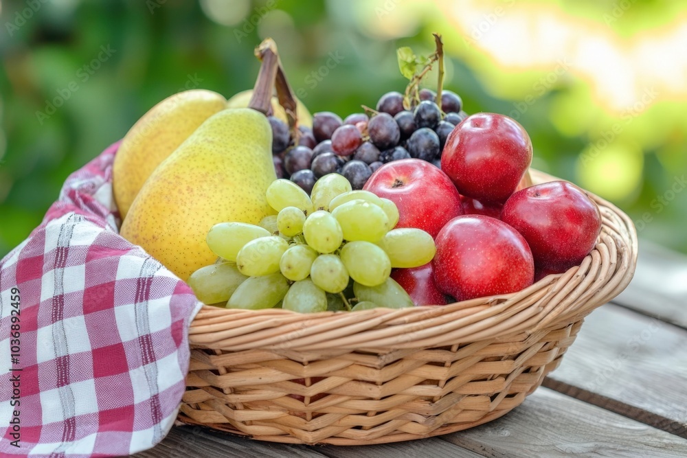 A vibrant basket filled with fresh fruit harvest, captured in a sunlit garden setting A vibrant basket filled with fresh fruit harvest, captured in a sunlit garden setting