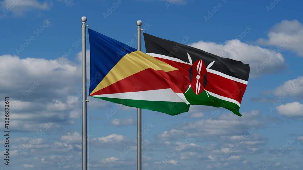 Kenya and Seychelles flags flying together, video concept of the relationship, two country relations concept Kenya and Seychelles flags flying together, video concept of the relationship, two country relations concept