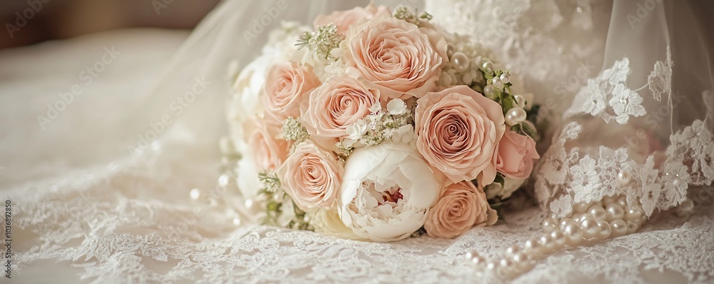 A bridal bouquet of blush pink roses and white peonies rests on delicate lace fabric with pearl beads scattered around. A bridal bouquet of blush pink roses and white peonies rests on delicate lace fabric with pearl beads scattered around.