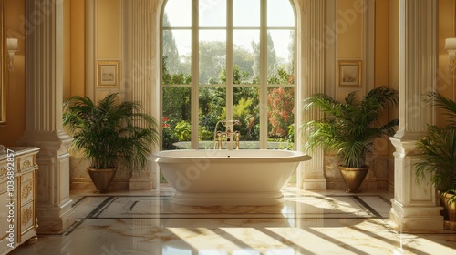 Wallpaper Mural A luxurious bathroom interior with marble floors, a freestanding bathtub, and a large window overlooking a lush garden, creating a spa-like ambiance. Torontodigital.ca