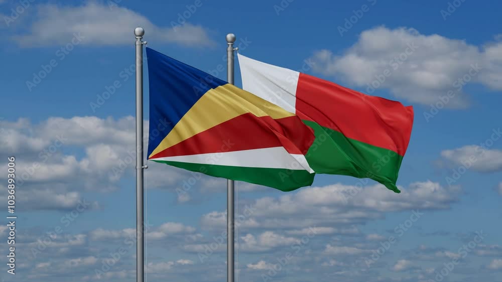 Madagascar and Seychelles flags flying together, video concept of the relationship, two country relations concept Madagascar and Seychelles flags flying together, video concept of the relationship, two country relations concept